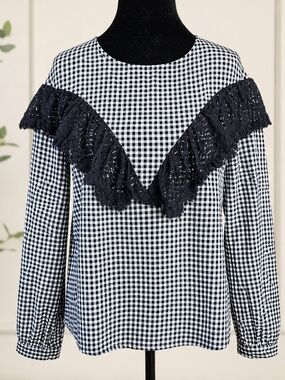 ELLISON Buffalo Check Lace Ruffle Blouse Top Black White Size L Cottagecore